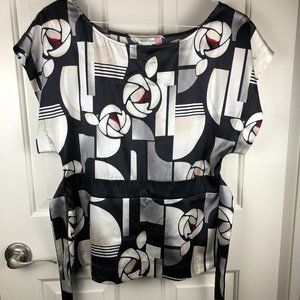 White House Black Market Silk Blouse - Short Sleeves Black White and Red Roses